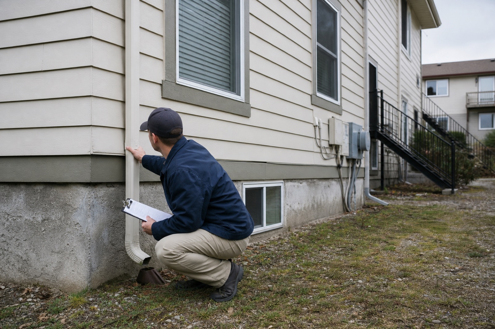 Inspector examining exterior drainage and wall conditions at a residential property